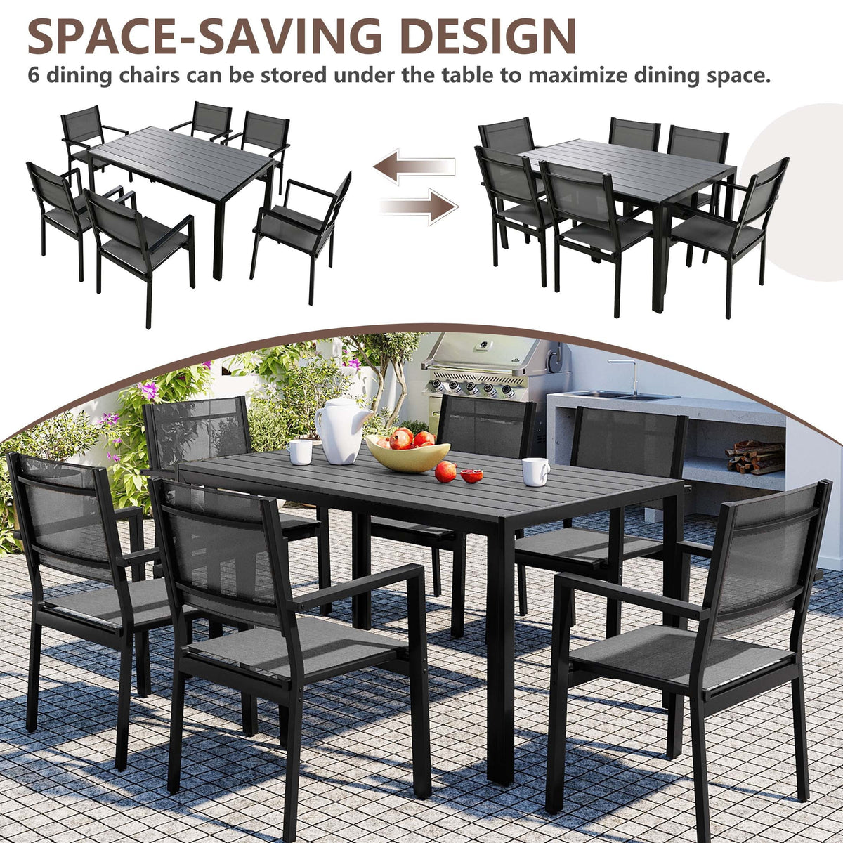 Nouveauté 2026 – Ensemble de salle à manger d'extérieur 7 pièces , comprenant une table et des chaises pour 6 personnes, un plateau en plastique imitation bois et un mobilier de jardin en textilène. Idéal pour terrasse ou patio
