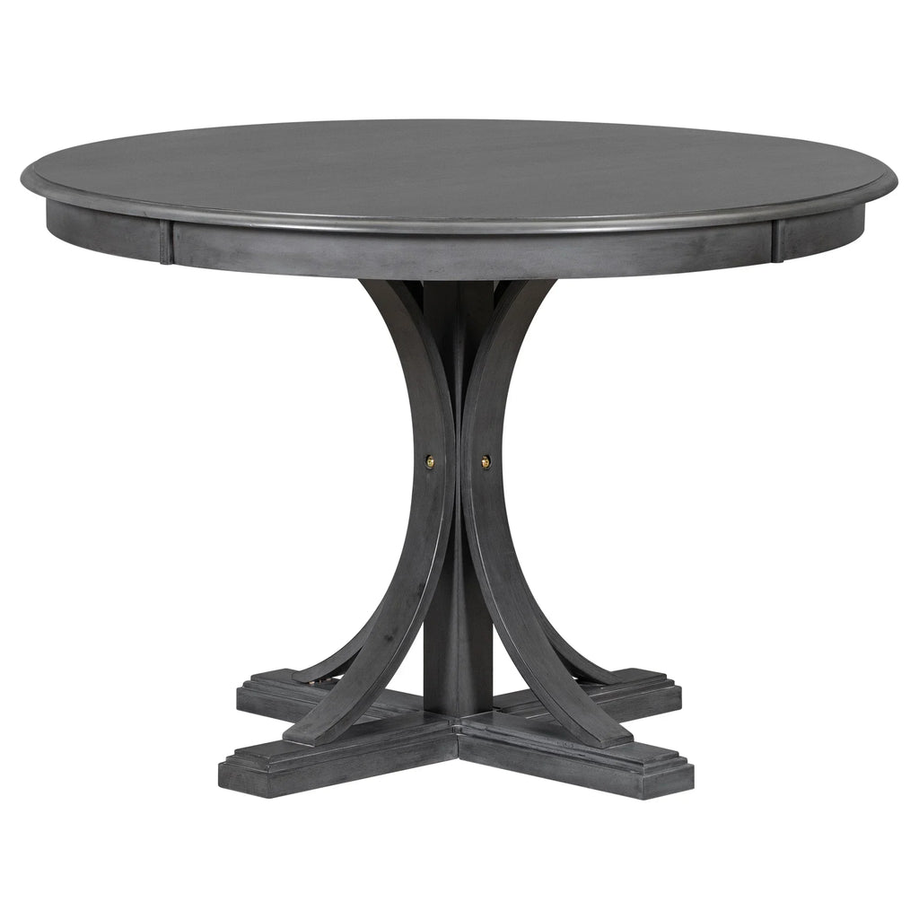 Nouveauté 2026 – Ensemble de salle à manger rond rétro 5 pièces avec 4 chaises rembourrées, table en bois avec pieds incurvés de style tréteau