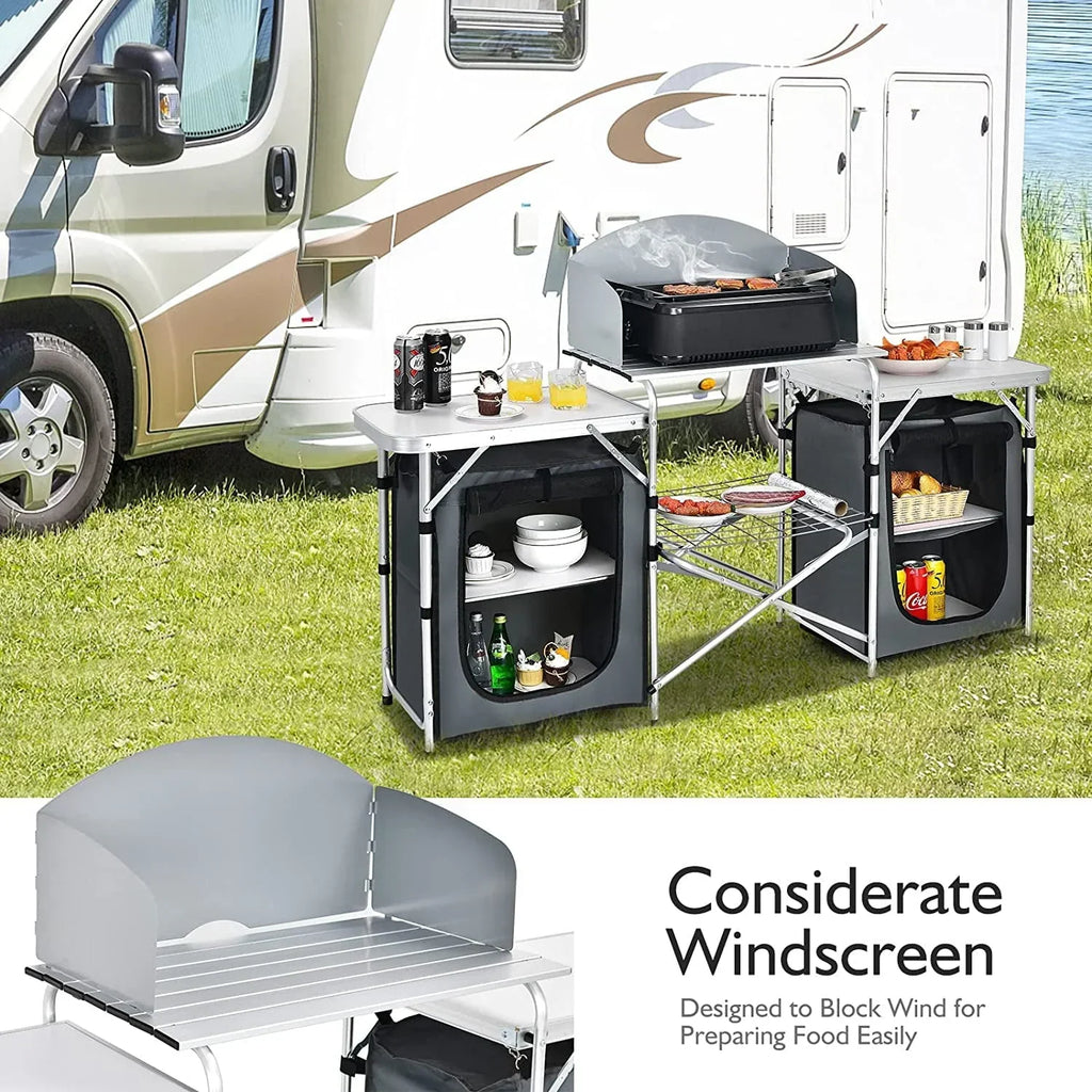 Nouveauté 2026 – Table de cuisine de camping Camping avec rangement, table de cuisson extérieure portable en aluminium avec pare-vent, table de camping pliable pour barbecue, grillades, fêtes et pique-niques