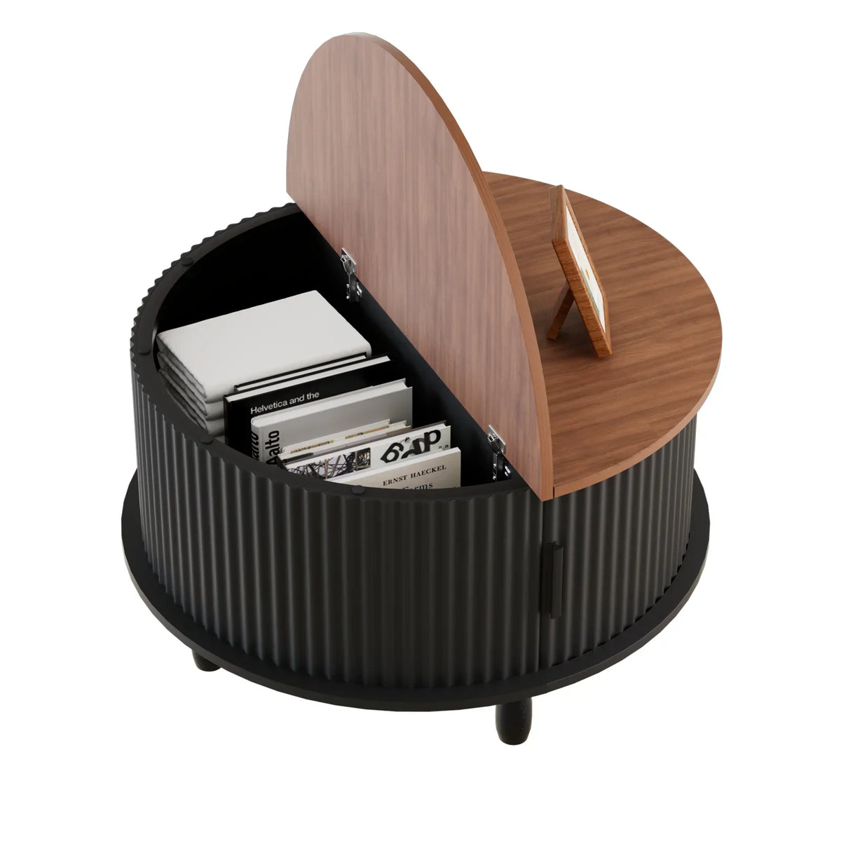 Nouveauté 2026 – Table basse ronde RUMLIVE avec rangement, table basse moderne de 78 cm avec porte coulissante incurvée à 360°, table basse en bois cannelé avec patins, table centrale ronde pour salon, noire