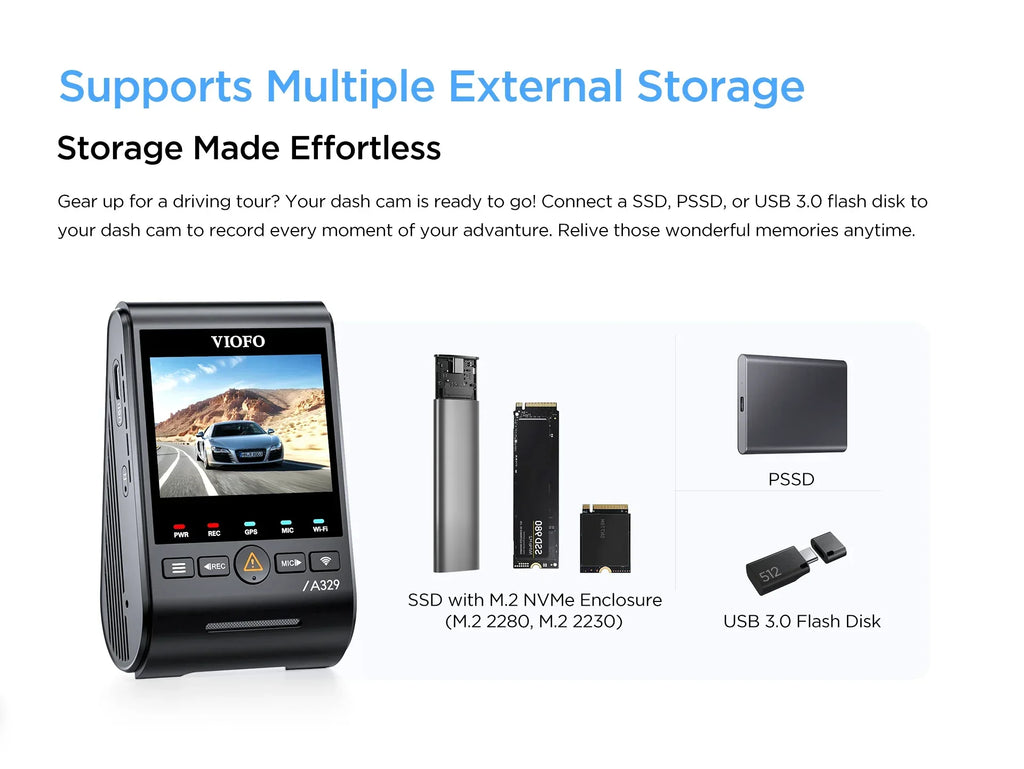 Nouveauté 2026 – VIOFO A329 2CH Première caméra embarquée 4K 60 ips à l'avant et 2K à l'arrière, Wi-Fi 6 HDR avec capteurs Sony STARVIS 2 et prise en charge du stockage SSD