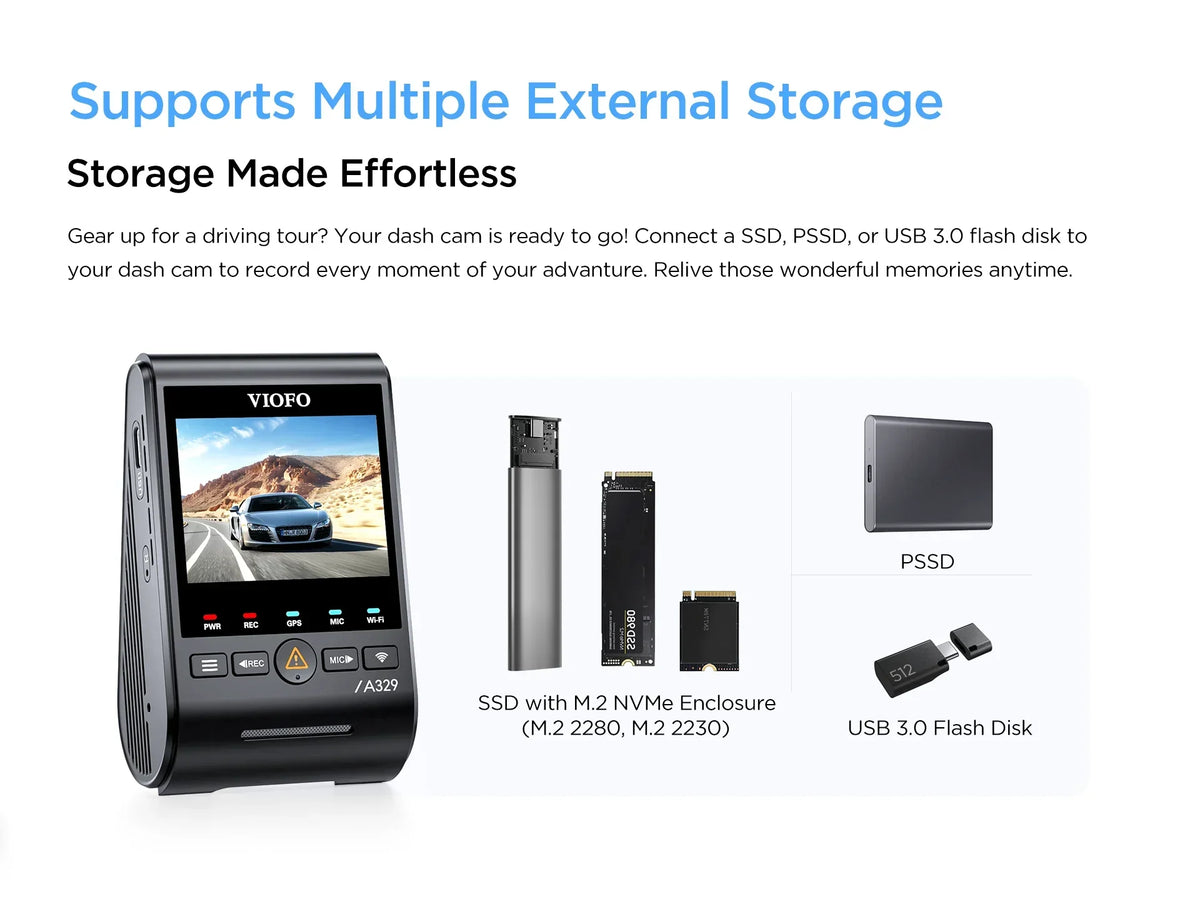 Nouveauté 2026 – VIOFO A329 2CH Première caméra embarquée 4K 60 ips à l'avant et 2K à l'arrière, Wi-Fi 6 HDR avec capteurs Sony STARVIS 2 et prise en charge du stockage SSD