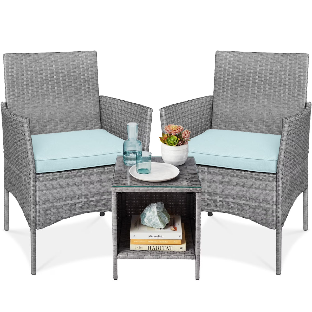 Nouveauté 2026 – Ensemble bistro de jardin 3 pièces en résine tressée Best Choice Products , avec 2 chaises et une table - Gris/Bleu marine