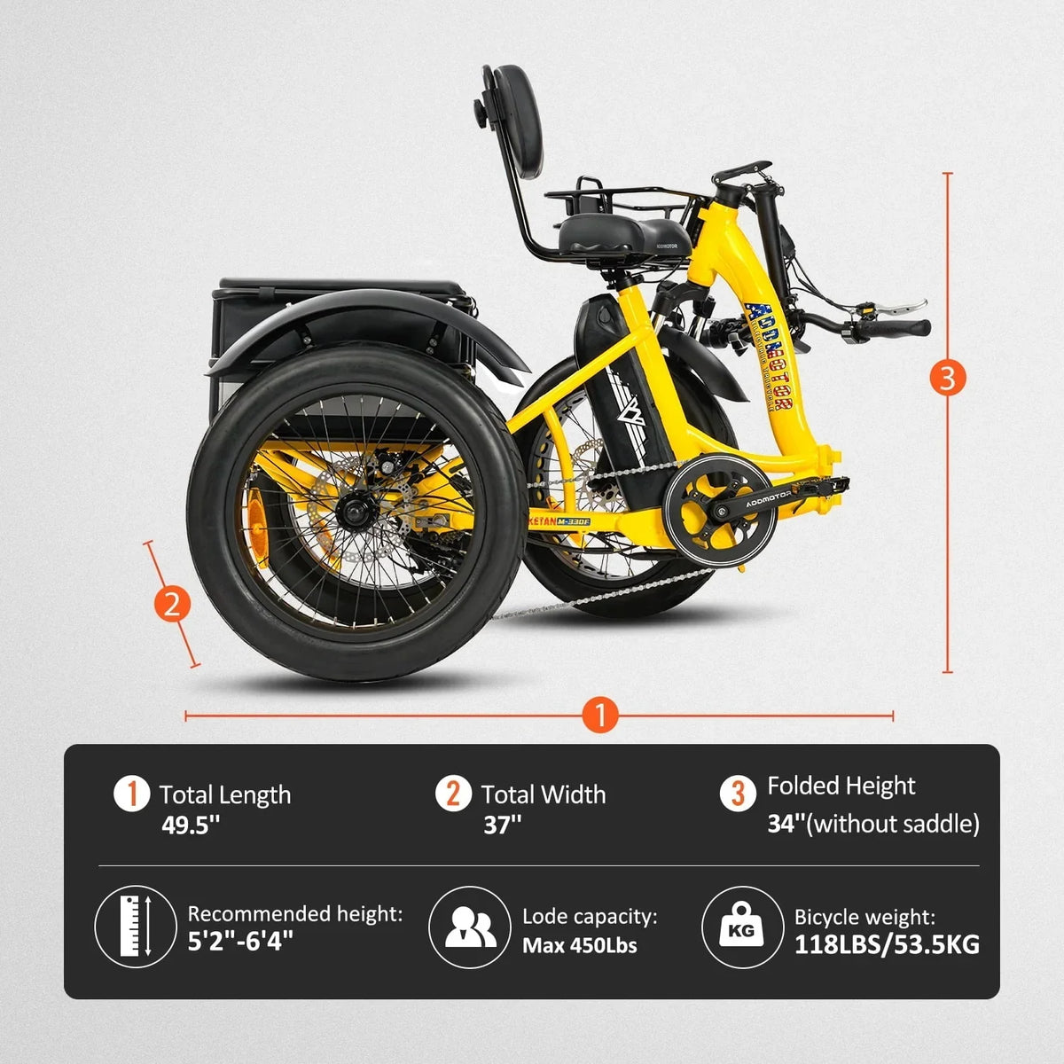 Nouveauté 2026 – Tricycle électrique Addmotor , 750 W, pliable, pour adultes, batterie amovible 48 V 20 Ah, pneus larges 20 pouces avec différentiel arrière, M-330F jaune