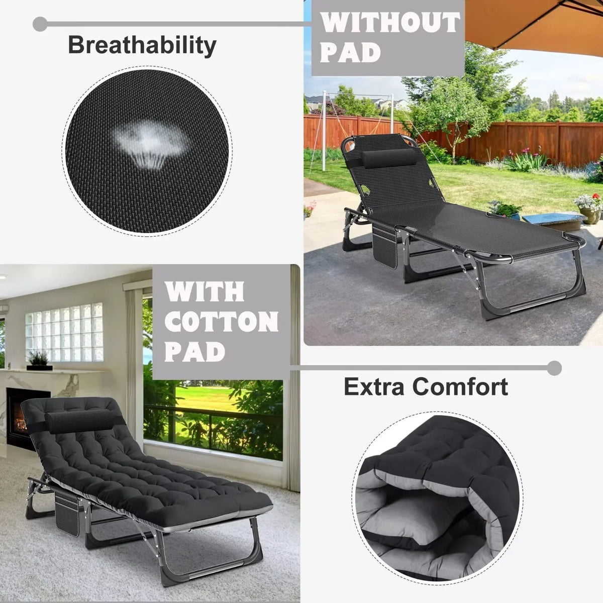 Nouveauté 2026 – Chaise longue MOPHOTO avec matelas, supportant jusqu'à 200 kg, lit de camp portable et robuste, réglable, idéal pour le camping, la piscine, la plage et la terrasse