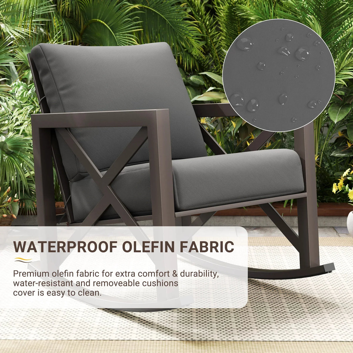 Nouveauté 2026 – Ensemble bistro MRUAKA , 3 pièces, comprenant 2 fauteuils à bascule et 1 table basse en métal avec coussins épais, idéal pour véranda, jardin ou bord de piscine, couleur beige