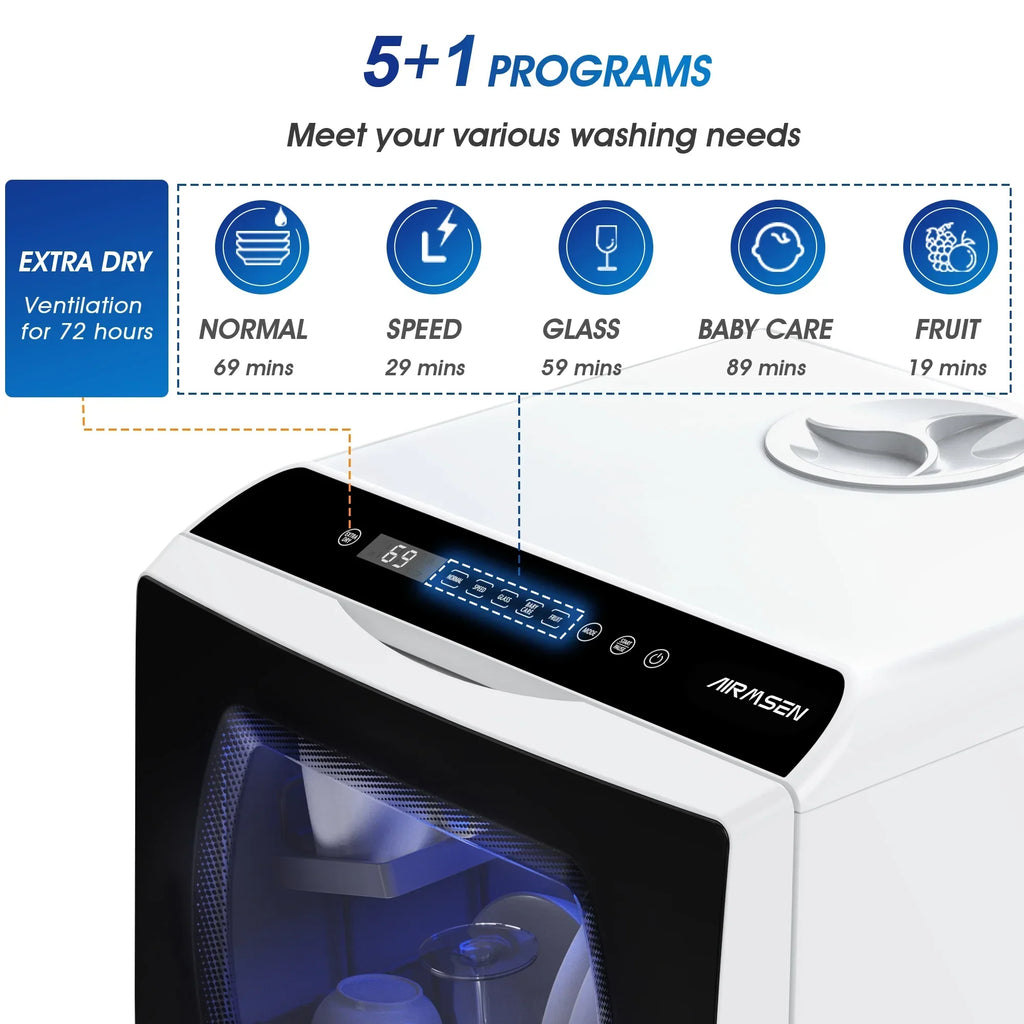 Nouveauté 2026 – Lave-vaisselle portable de comptoir AIRMSEN avec réservoir d'eau intégré de 5 litres et fonction de séchage à l'air, 5 programmes de lavage, mini lave-vaisselle, AE-TDQR03