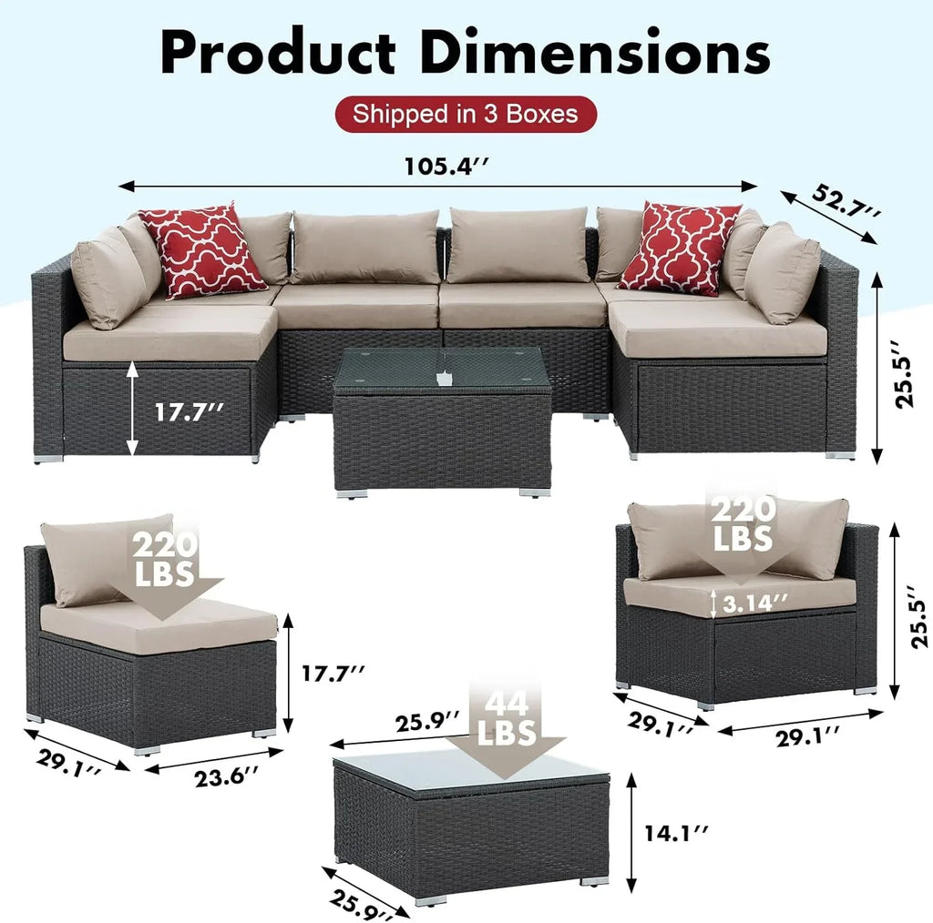 Nouveauté 2026 – Ensemble de mobilier de patio 7 pièces , canapé d'angle en rotin PE, ensemble de conversation avec coussins et table basse en verre, pour balcon, pelouse et jardin, gris