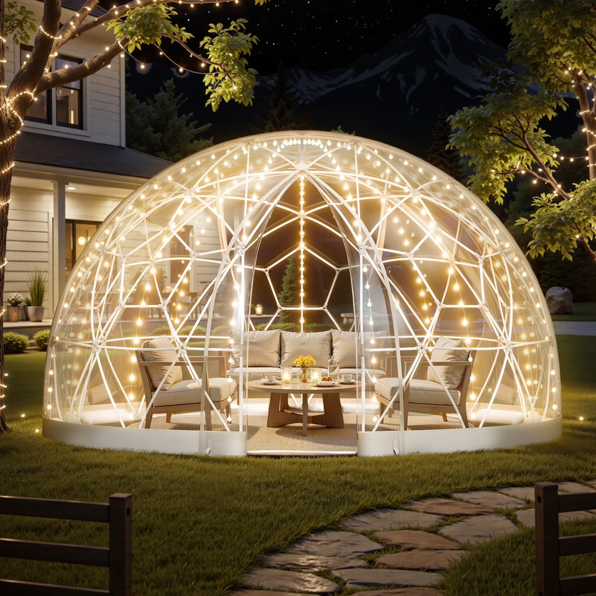 Nouveauté 2026 – Tente dôme de jardin VEVOR , 3,66 x 2,20 m, tente bulle transparente d'extérieur pour 4 à 7 personnes, serre géodésique résistante aux intempéries avec fenêtre, tentes igloo en PVC pour jardin, terrasse, camping, fêtes et mariages