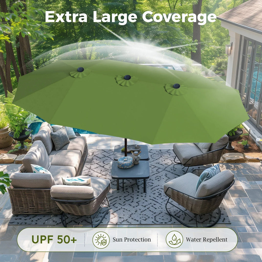 Nouveauté 2026 – Parasol de jardin extra-large Alpha Joy 4,57 m (15 pi) à double face avec manivelle et base - Gris fumé