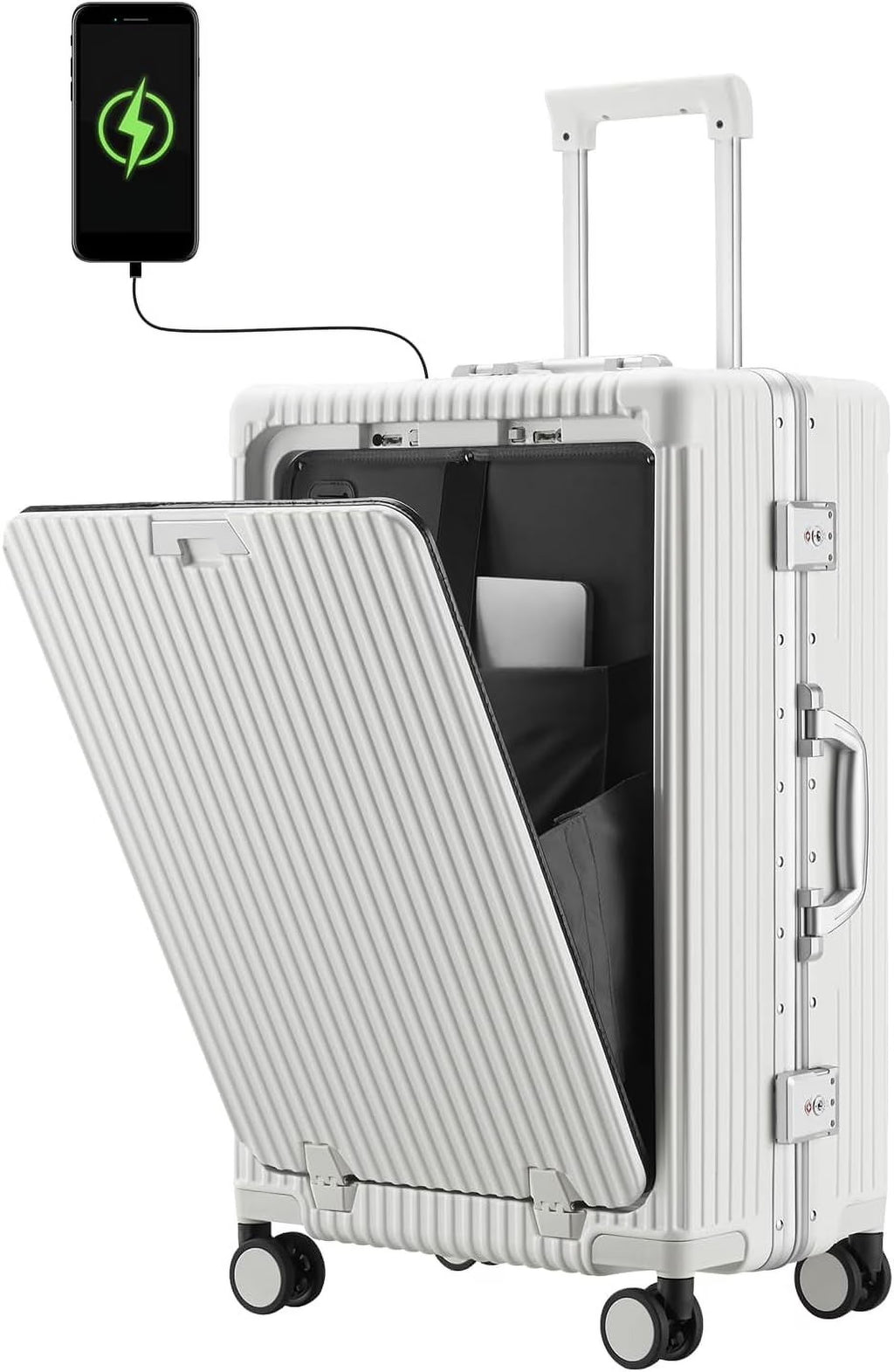 Nouveauté 2026 – Nouvelle valise cabine avec port de chargement USB, compartiment avant, serrure TSA, valise rigide cabine approuvée par les compagnies aériennes avec roulettes multidirectionnelles (grise, 20 pouces