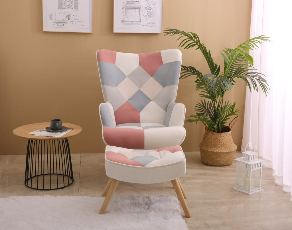Nouveauté 2026 – Fauteuil d'appoint moderne avec pieds en bois massif et dossier haut à oreilles, ensemble de fauteuil avec repose-pieds, fauteuil confortable pour salon, salle de lecture, chambre, patchwork coloré