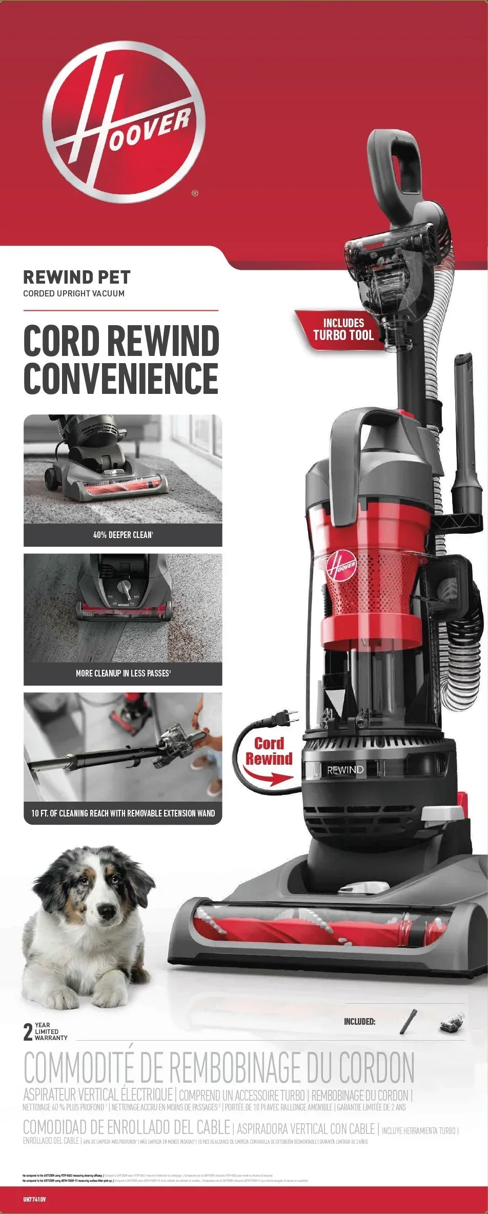Nouveauté 2026 – Aspirateur vertical sans sac Hoover Rewind Pet , idéal pour les animaux, avec enrouleur de cordon automatique, pour le nettoyage de toutes les surfaces et des pièces en hauteur, UH77410V, gris et rouge