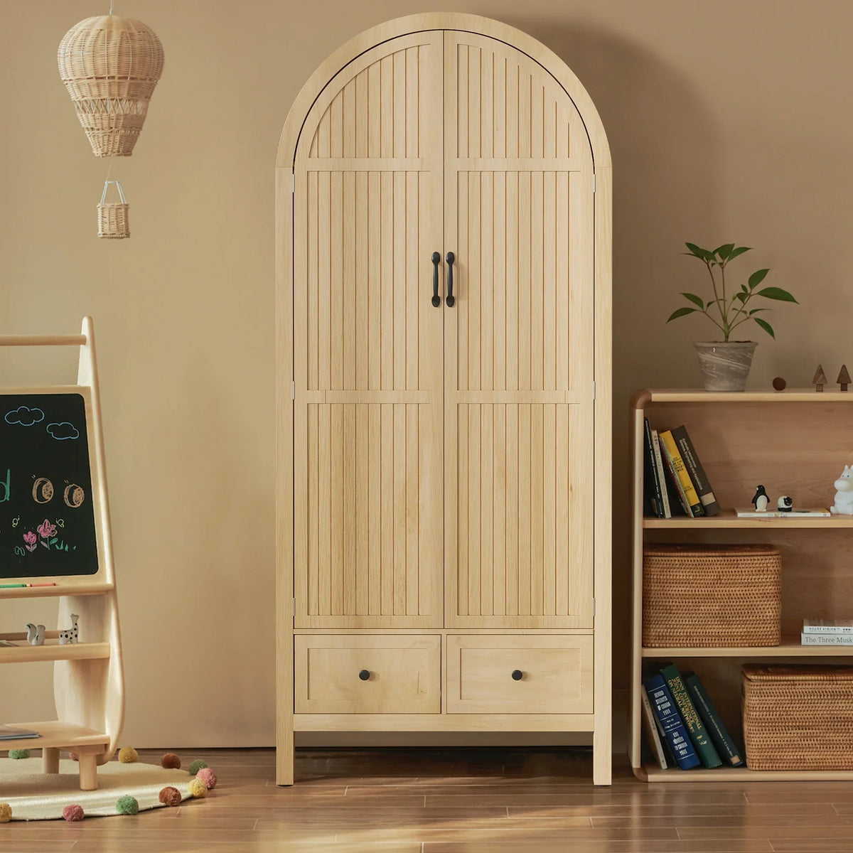 Nouveauté 2026 – Armoire-penderie cintrée Oubayajia avec portes cannelées, en bois, avec tiroirs, étagères et tringle pour chambre à coucher