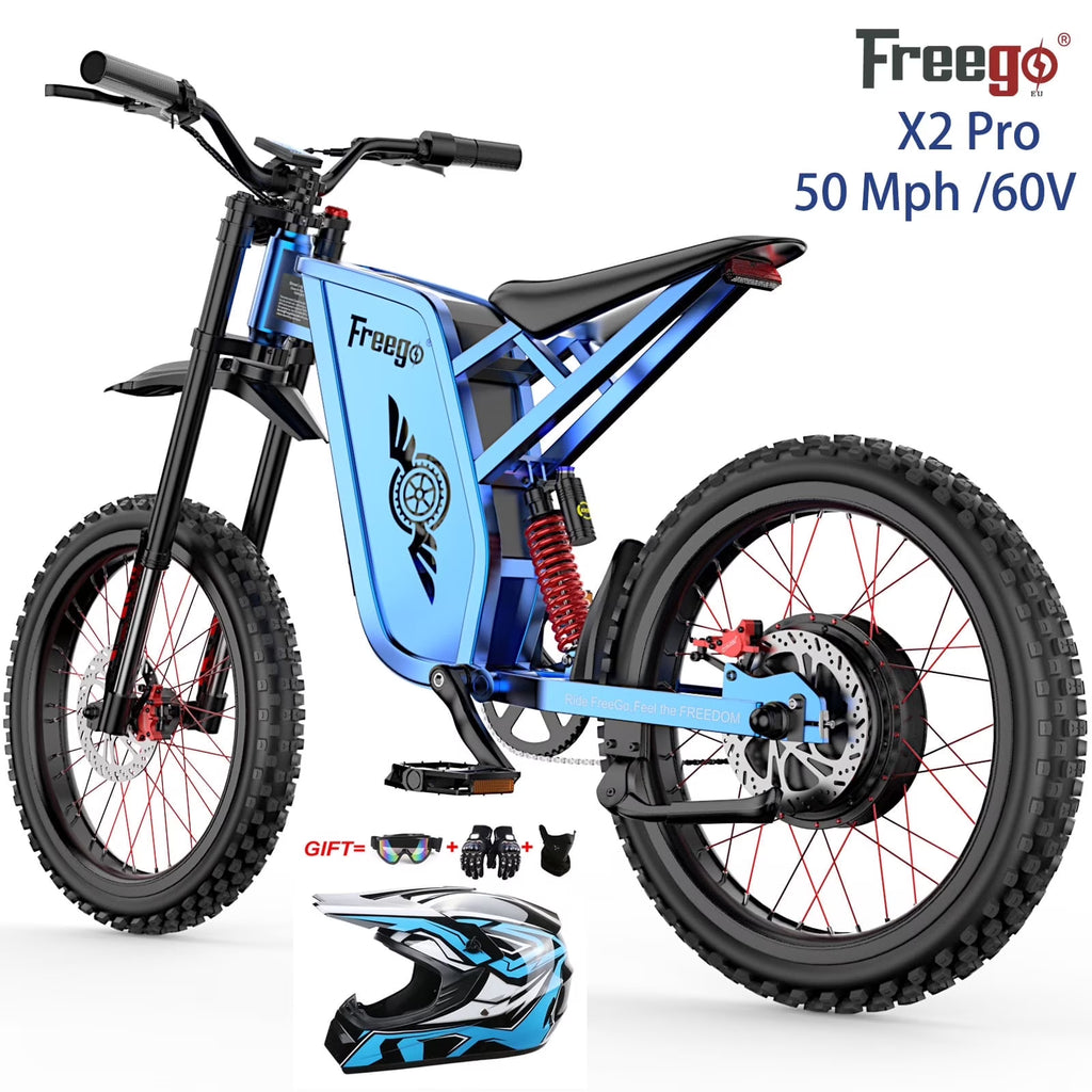 Nouveauté 2026 – Vélo tout-terrain électrique Freego X2 Pro , vitesse maximale de 80 km/h, moteur de 6000 W (crête), batterie 60 V 30 Ah, pneus 19 x 2, suspension intégrale, freins hydrauliques, accélérateur à mi-course, homologué UL2849