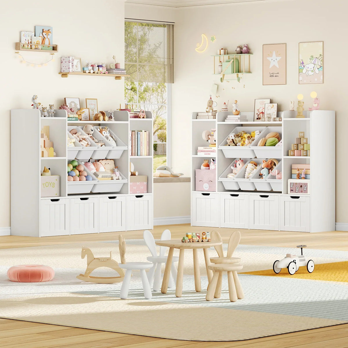 Nouveauté 2026 – Bibliothèque enfant Hiphuta à 3 niveaux avec rangement pour jouets, en bois, composée de 6 boîtes et 4 tiroirs amovibles, blanche