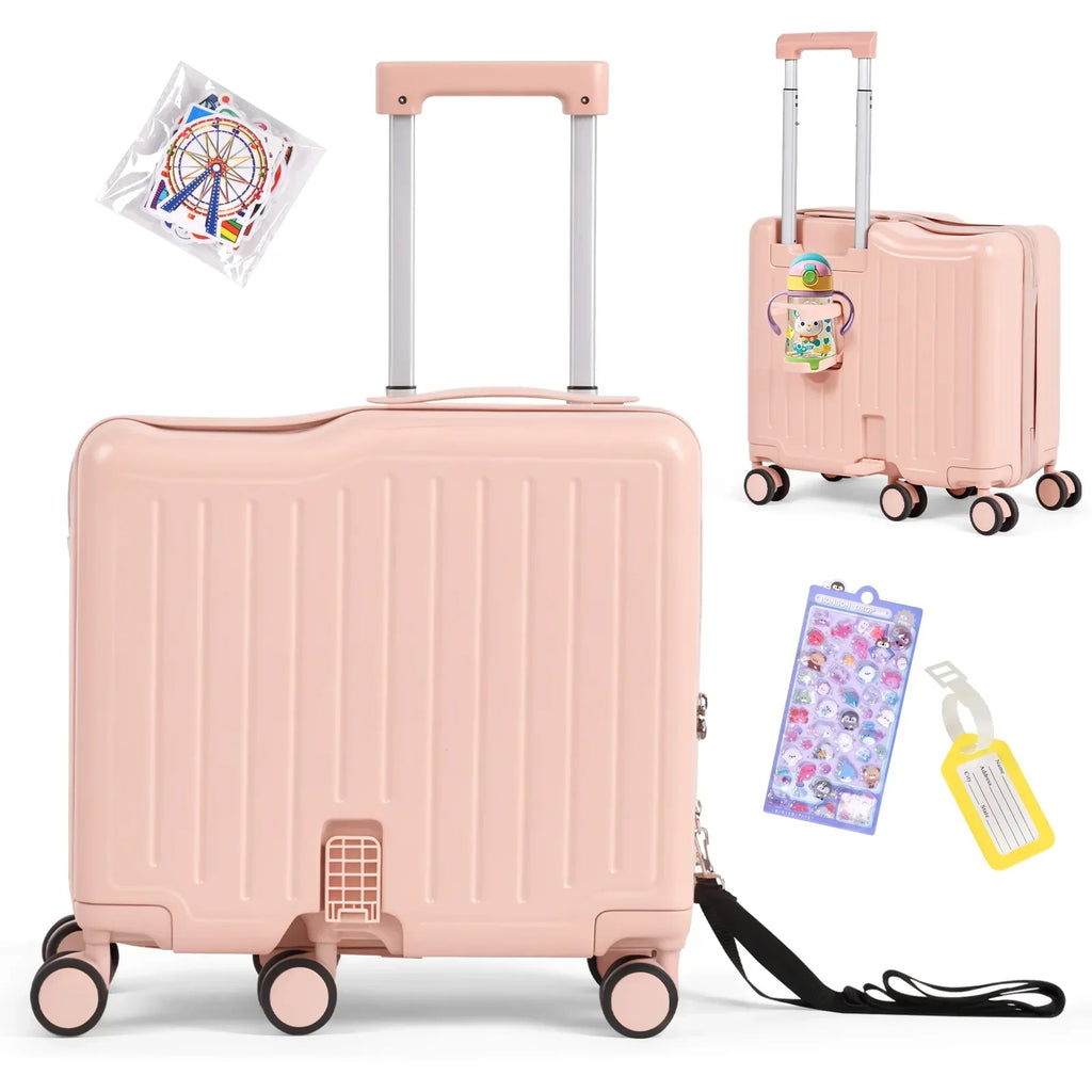 Nouveauté 2026 – Valise à roulettes Advwin pour enfants, avec sangle de traction, repose-pieds, porte-gobelet, 6 roues et poignée réglable, valise pivotante de 45,7 cm (18 pouces) avec autocollants et carte d'embarquement, rose