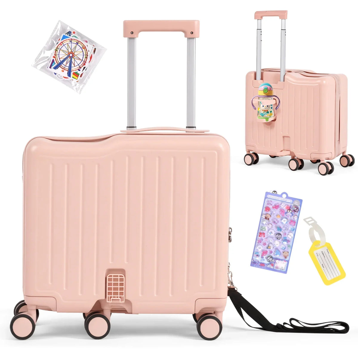 Nouveauté 2026 – Valise à roulettes Advwin pour enfants, avec sangle de traction, repose-pieds, porte-gobelet, 6 roues et poignée réglable, valise pivotante de 45,7 cm (18 pouces) avec autocollants et carte d'embarquement, rose
