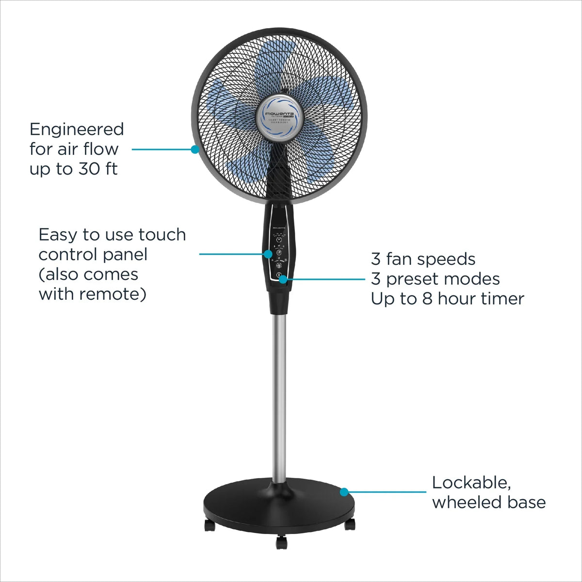 Nouveauté 2026 – Ventilateur sur pied Rowenta Turbo Silence avec télécommande, 53 pouces, portable, 5 vitesses, VU5670