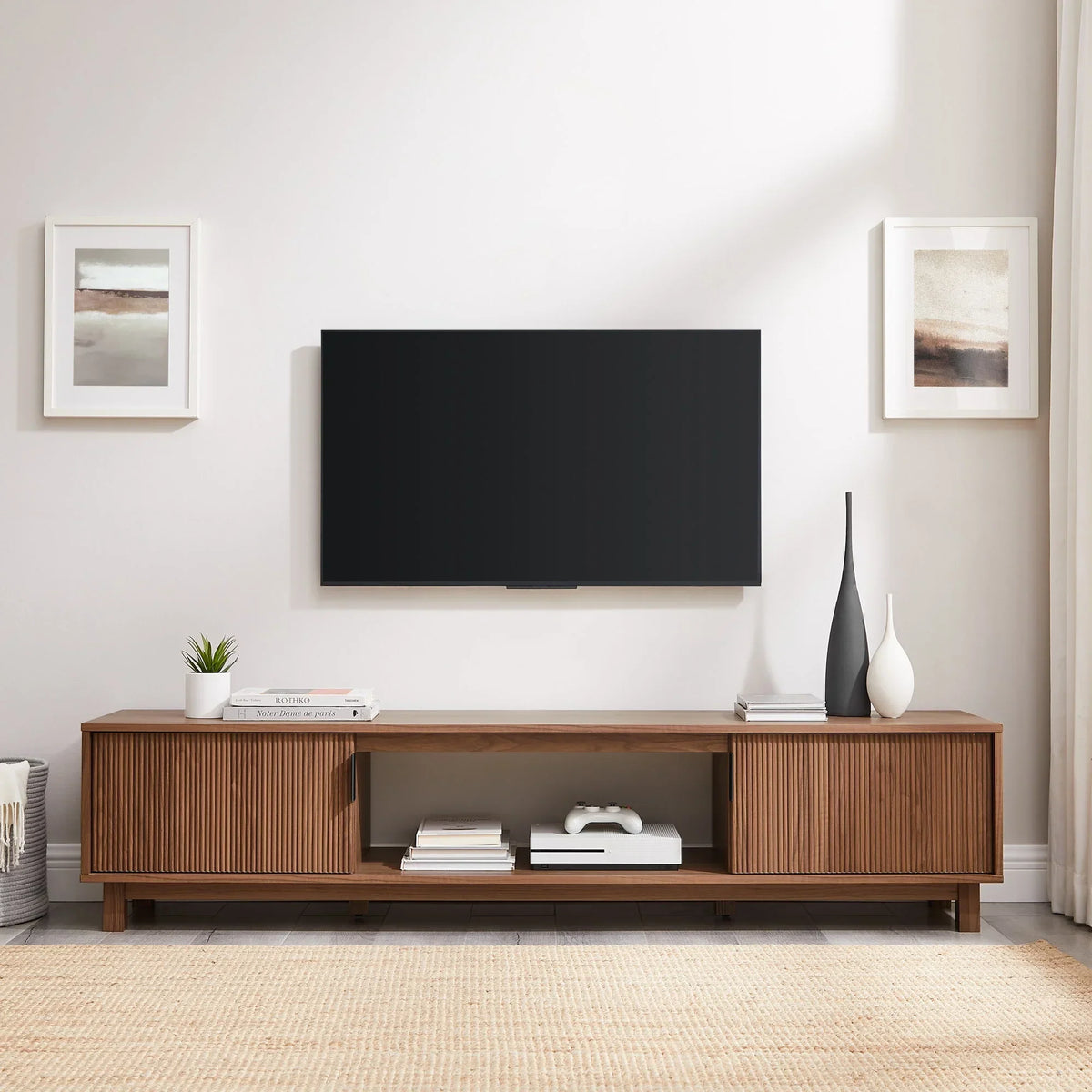 Nouveauté 2026 – Meuble TV Walker Edison , style moderne du milieu du siècle, à deux portes cannelées, pour téléviseurs jusqu'à 80 pouces, chêne côtier