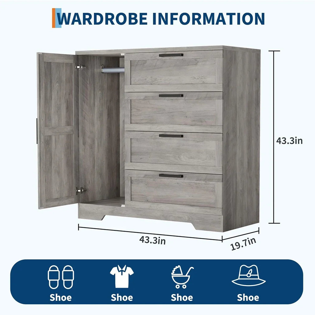 Nouveauté 2026 – Armoire-penderie en bois Ataucjin avec 4 tiroirs et une porte, hauteur 110 cm (43,3 po), avec tringle, rangement pour vêtements, commode à 4 tiroirs avec placard de rangement