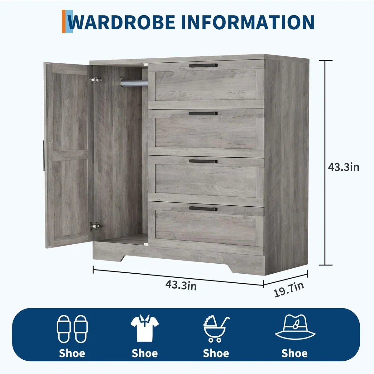 Nouveauté 2026 – Armoire-penderie en bois Ataucjin avec 4 tiroirs et une porte, hauteur 110 cm (43,3 po), avec tringle, rangement pour vêtements, commode à 4 tiroirs avec placard de rangement