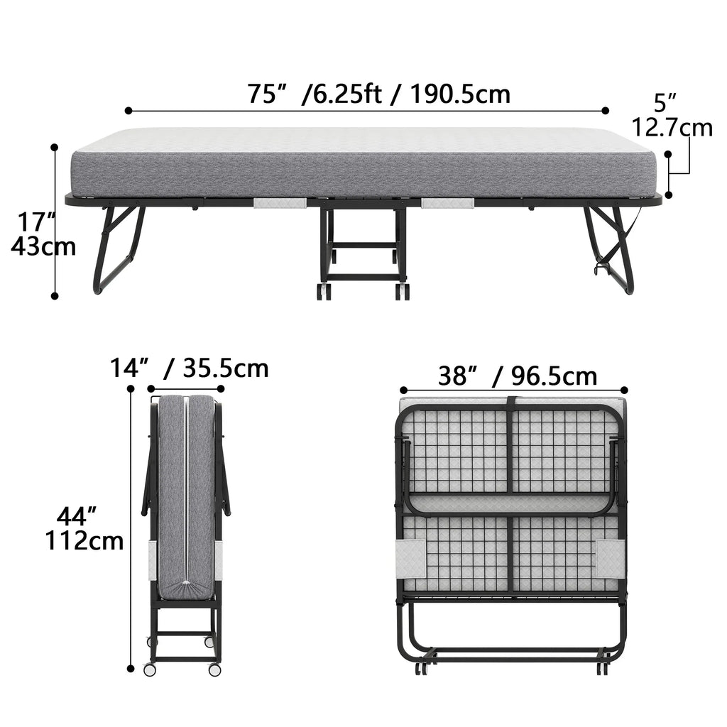 Nouveauté 2026 – Lit pliant Flying avec matelas, format 190 x 79 cm, lit d'appoint pliable et portable pour adultes, avec matelas en mousse à mémoire de forme de 13 cm, structure métallique robuste et peu encombrante