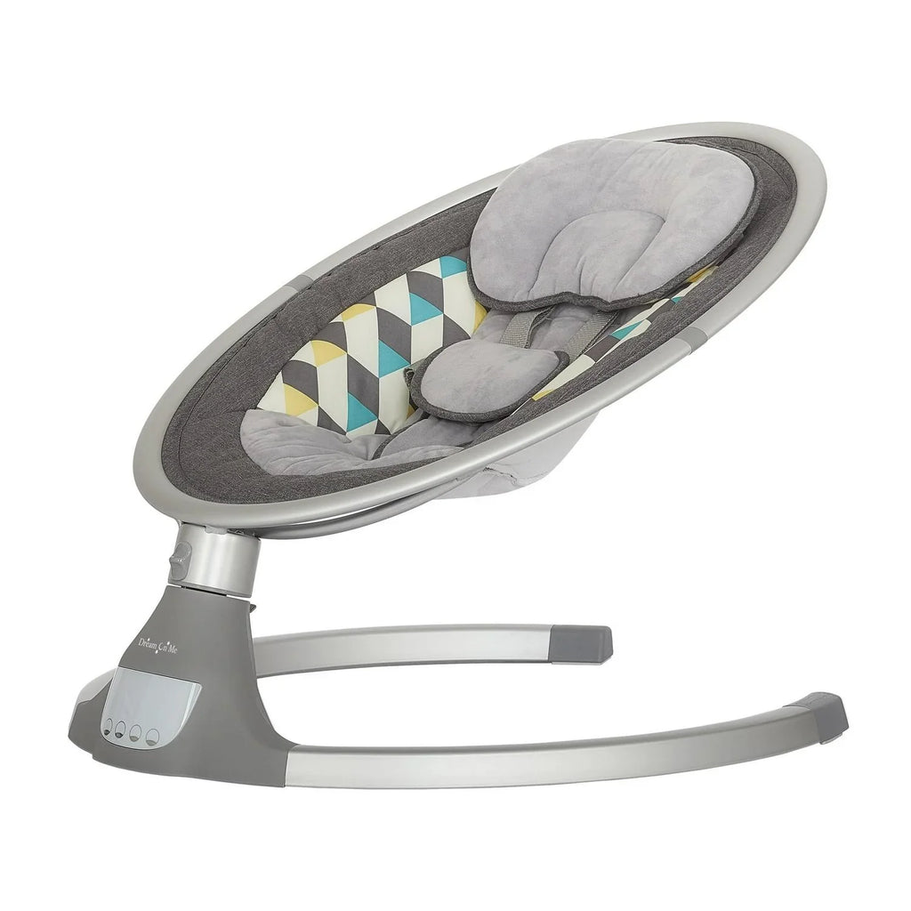 Nouveauté 2026 – Balancelle pour bébé Dream On Me Zazu . Balancelle pour nourrisson. 5 vitesses de balancement. Deux jouets intégrés. Connectivité Bluetooth et télécommande. Gris et bleu