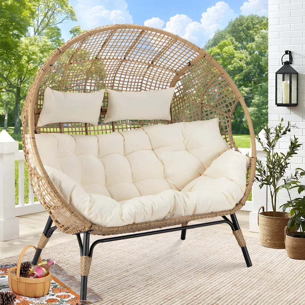 Nouveauté 2026 – Fauteuil double œuf RADIATA pour 2 personnes, canapé deux places surdimensionné en résine tressée avec coussins épais, capacité de 308 kg, fauteuil de jardin/terrasse fixe pour intérieur/extérieur, balcon, jardin, beige