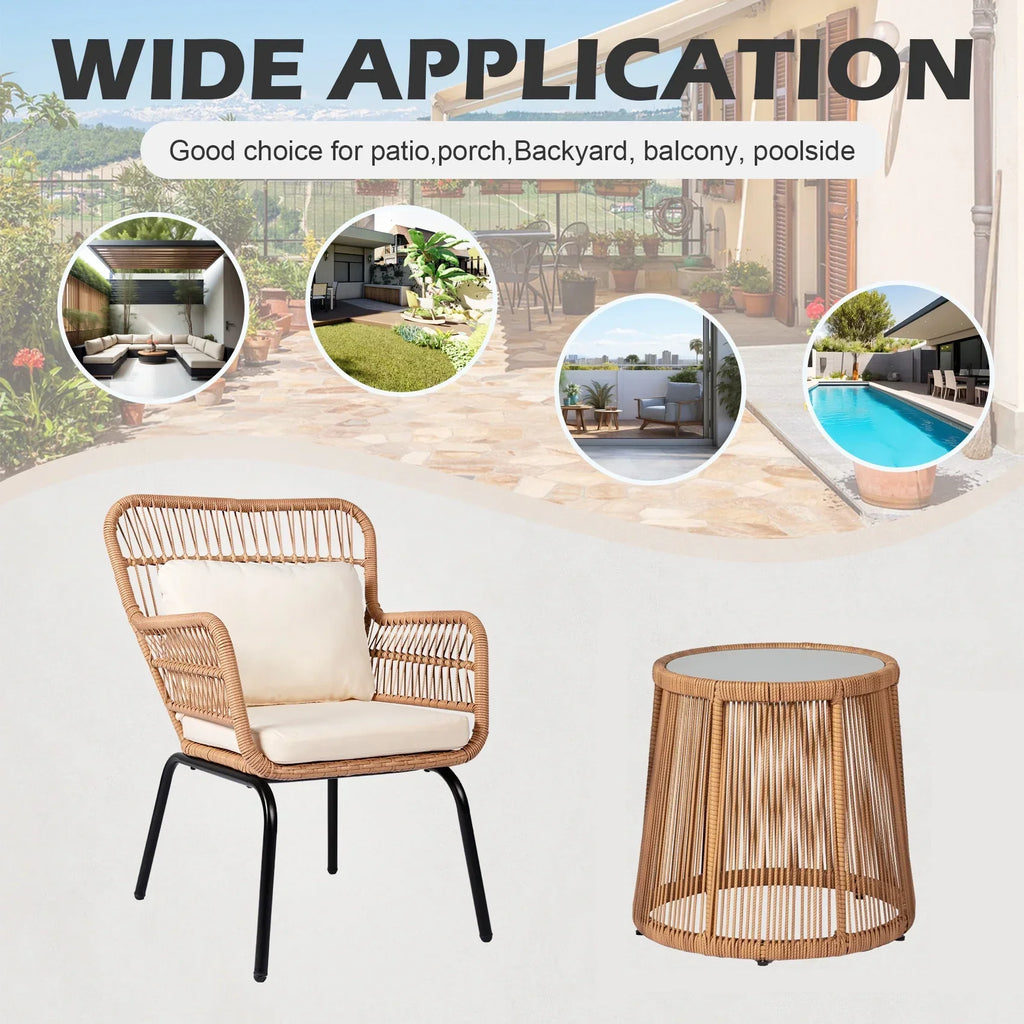 Nouveauté 2026 – Ensemble bistro de conversation 3 pièces Tappio pour patio, mobilier de jardin en rotin, table basse en verre et coussins, jaune/beige, idéal pour le jardin, le balcon, la terrasse ou la piscine