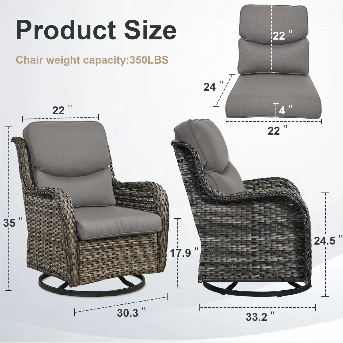 Nouveauté 2026 – POCASSY Fauteuils pivotants de patio, fauteuils à bascule pivotants d'extérieur en osier avec dossier haut et coussins épais pour véranda ou terrasse - Lot de 2, beige