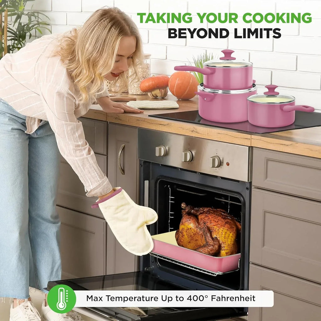 Nouveauté 2026 – Ensemble de cuisine 54 pièces – Ensemble complet de casseroles et poêles en céramique antiadhésive avec ustensiles, moules à pâtisserie et couteaux, compatible gaz, électrique et induction, rose poudré – Indispensables pour la cuisin