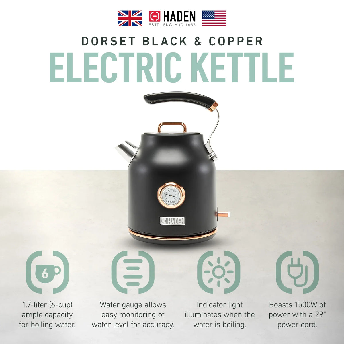 Nouveauté 2026 – Bouilloire électrique Haden Dorset 1,7 litre avec socle, mastic et chrome