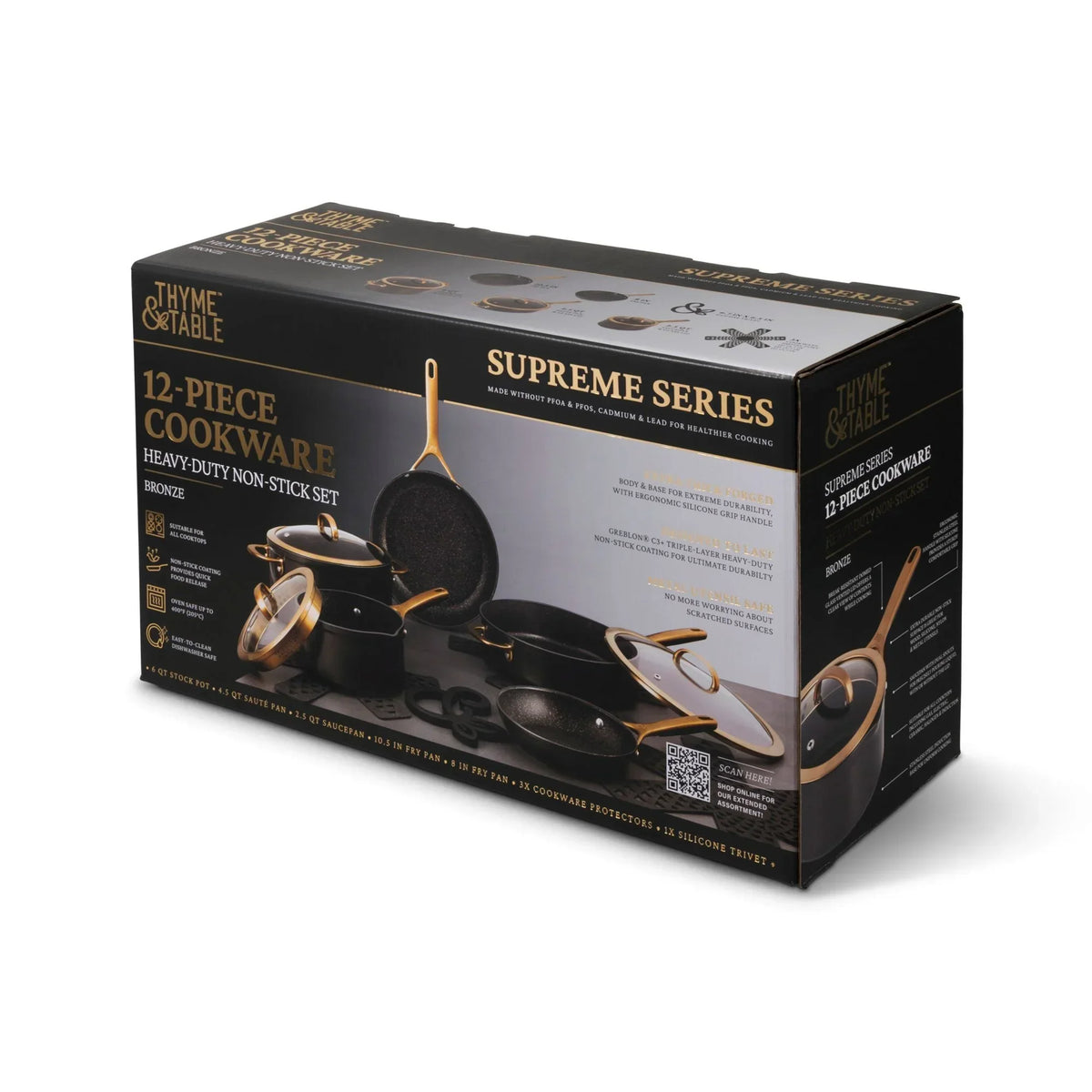 Nouveauté 2026 – Batterie de cuisine antiadhésive 12 pièces Thyme & Table Supreme , casseroles et poêles - Bronze