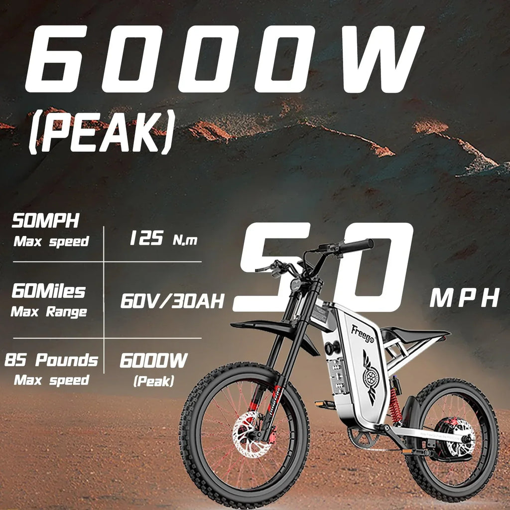 Nouveauté 2026 – Vélo tout-terrain électrique Freego X2 Pro , vitesse maximale de 80 km/h, moteur de 6000 W (crête), batterie 60 V 30 Ah, pneus 19 x 2, suspension intégrale, freins hydrauliques, accélérateur à mi-course, homologué UL2849