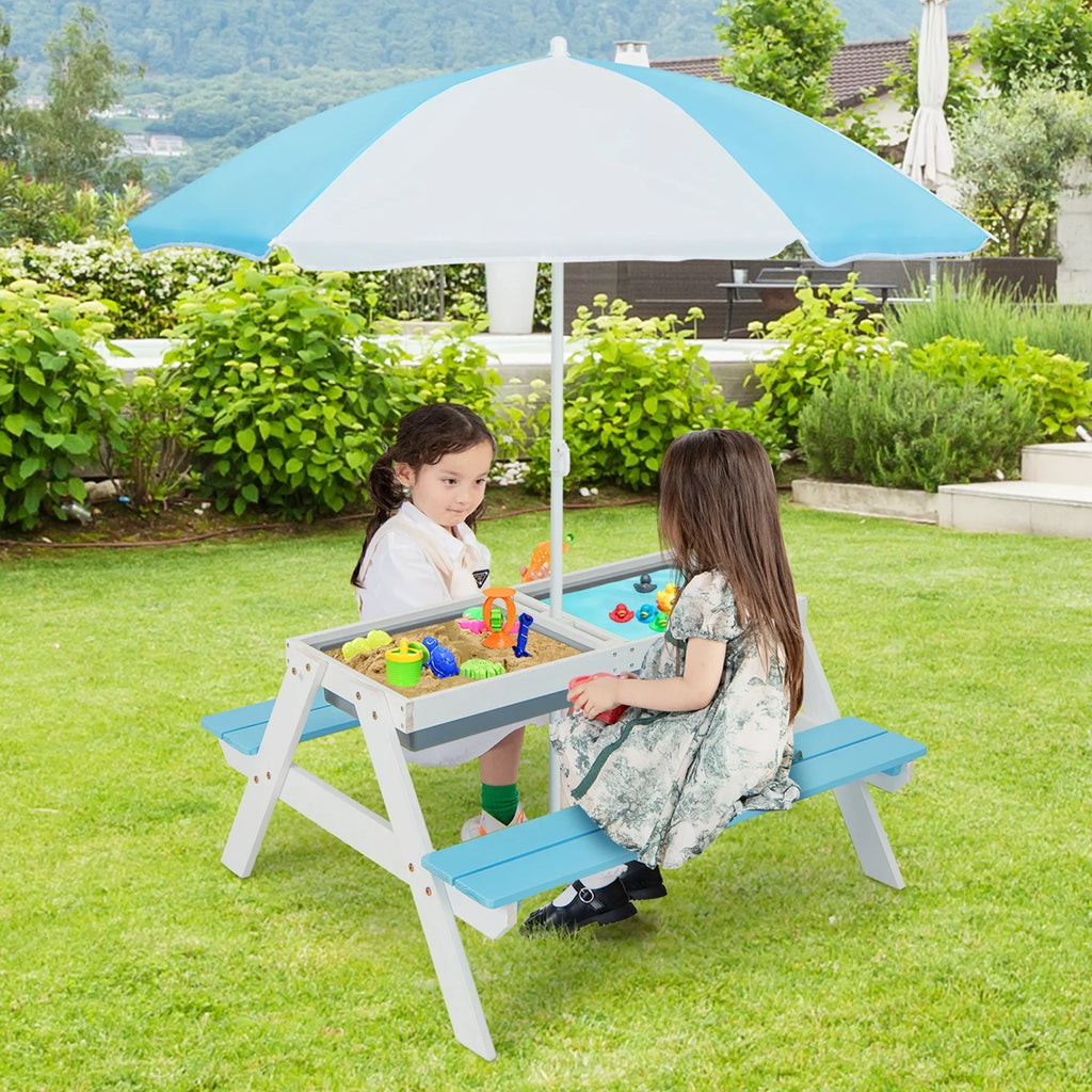 Nouveauté 2026 – Table de pique-nique 3 en 1 pour enfants Costway , en bois, avec bacs à sable et à eau, parasol et autres jeux, verte