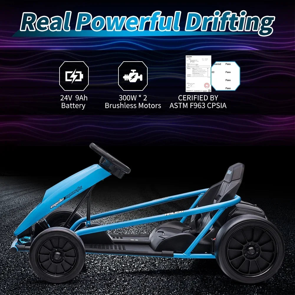 Nouveauté 2026 – Karting Simzone pour enfants, batterie 24 V, 2 moteurs 300 W, à pédales, vitesse maximale de 13 km/h, fonction drift, démarrage progressif, musique, pneus élastiques et résistants, bleu