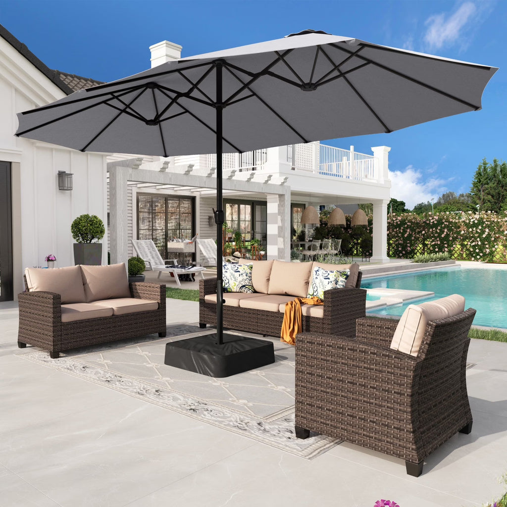 Nouveauté 2026 – Parasol de jardin extra-large Alpha Joy 4,57 m (15 pi) à double face avec manivelle et base - Gris fumé