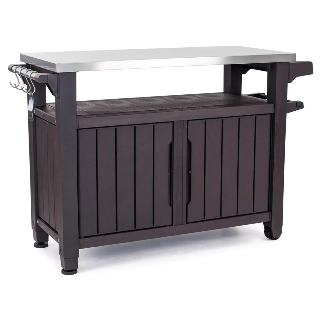 Nouveauté 2026 – Chariot de bar de cuisine extérieure Keter Unity XL avec armoire de rangement, marron