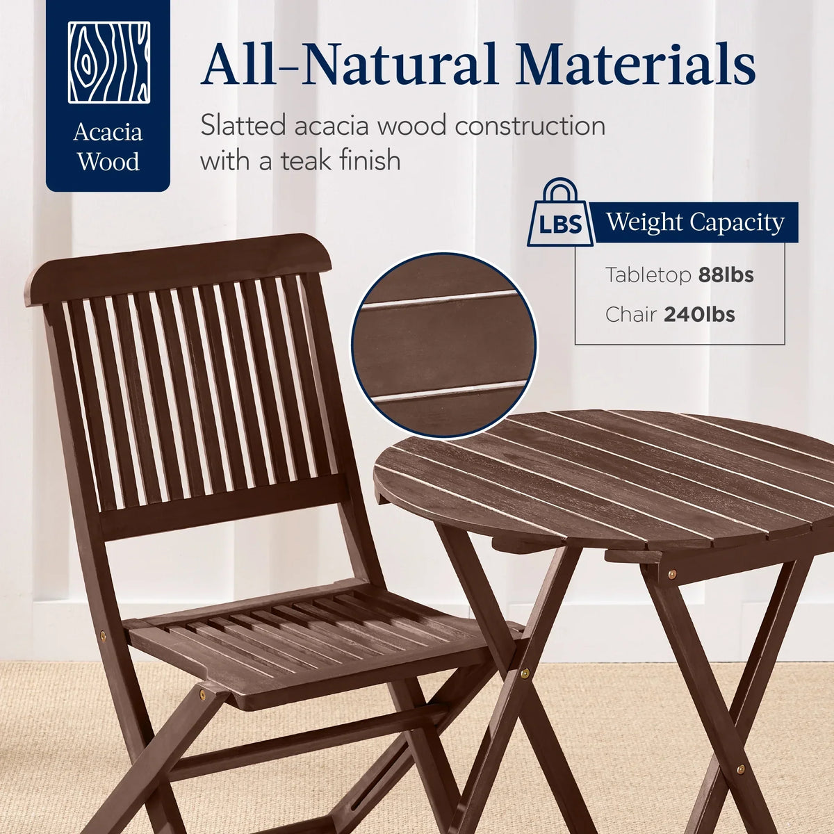 Nouveauté 2026 – Ensemble bistro 3 pièces en bois d'acacia Best Choice Products , mobilier de patio pliant avec 2 chaises et une table - Naturel