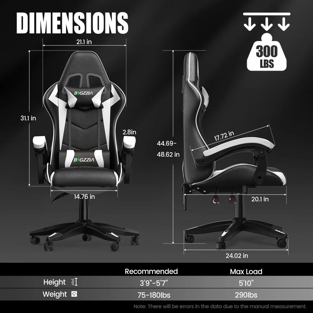 Nouveauté 2026 – Chaise de jeu Bigzzia , chaise de bureau ergonomique avec appui-tête et soutien lombaire réglables en hauteur, pour adultes et adolescents, noir et blanc