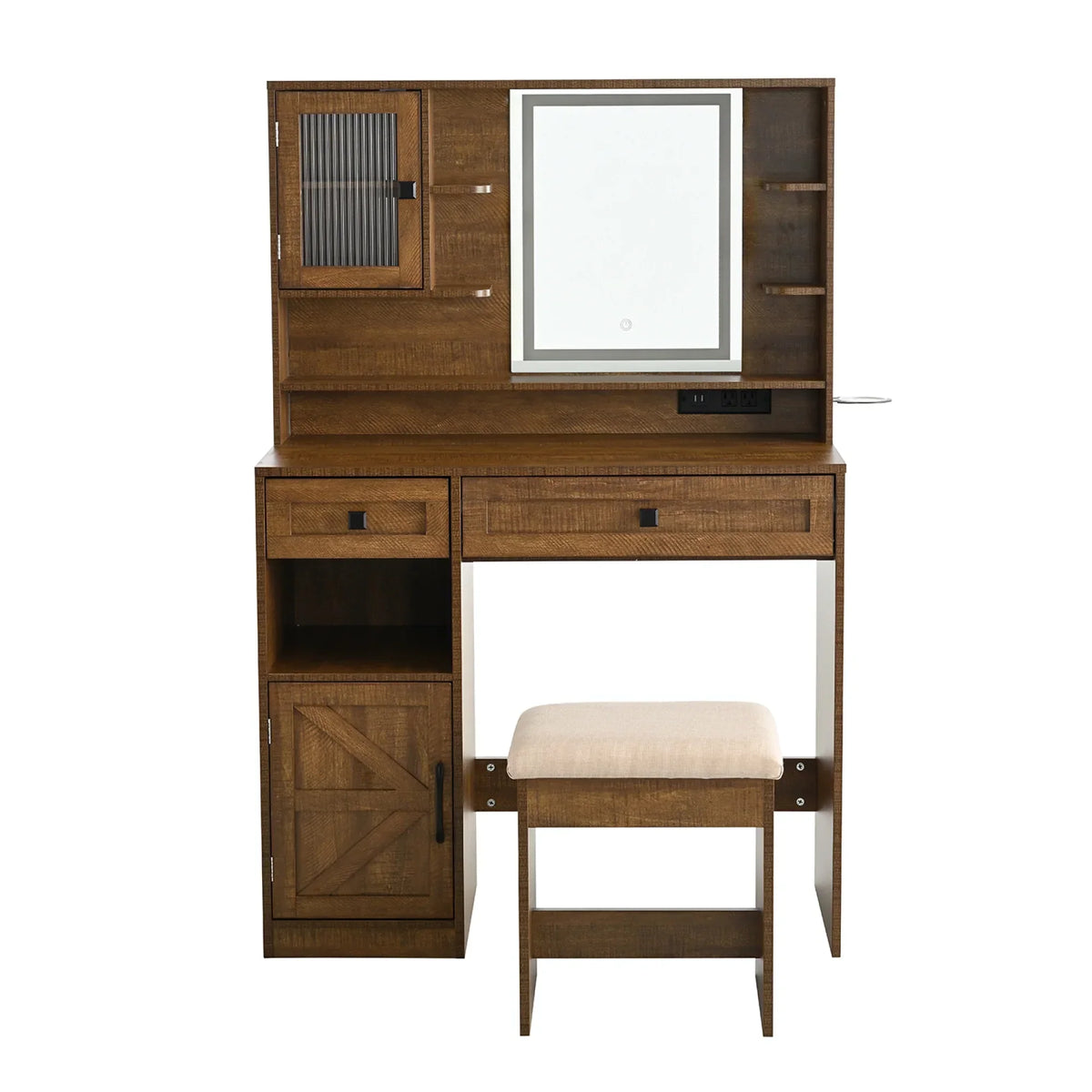 Nouveauté 2026 – Coiffeuse Farmhouse avec miroir et éclairage, ensemble coiffeuse avec station de charge et tabouret, tiroirs, étagères et armoire latérale, blanc
