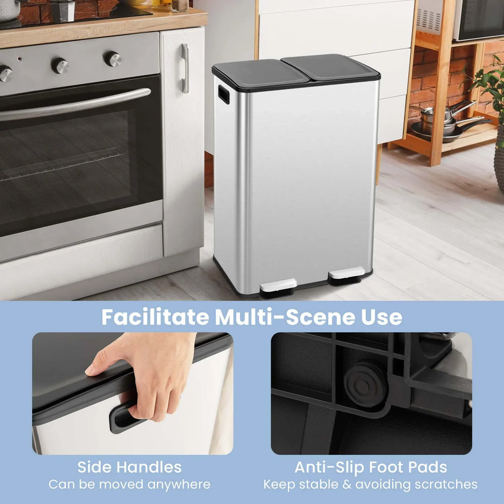 Nouveauté 2026 – Poubelle à pédale double marche Costway 16 gallons (60 litres) argentée, en acier inoxydable