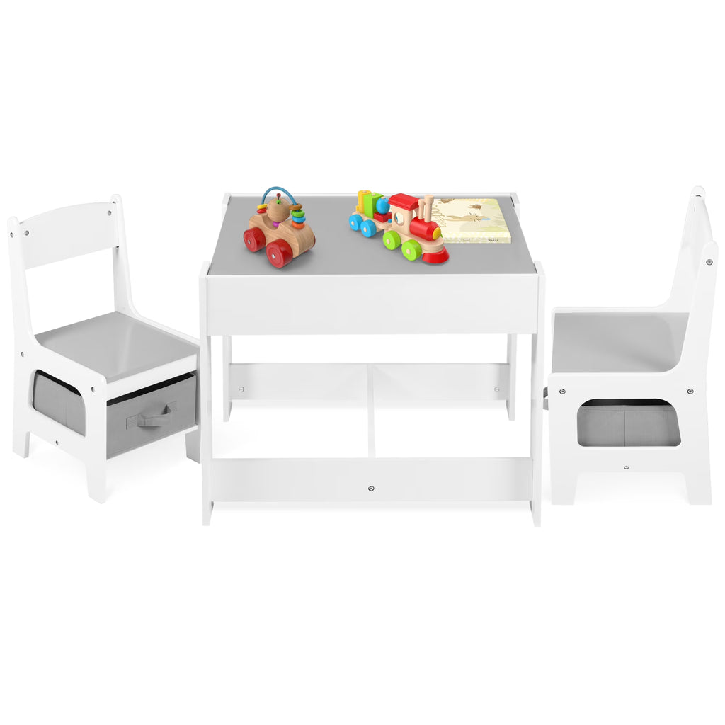 Nouveauté 2026 – Ensemble table et 2 chaises pour enfants LINLUX , table d'activités avec tableau noir/blanc, gris