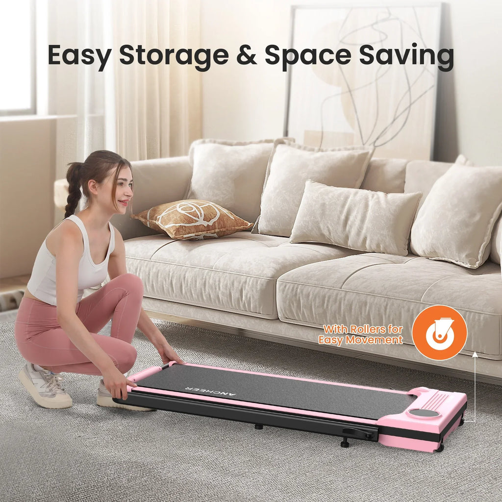Nouveauté 2026 – Tapis de marche pliable et portable ANCHEER , capacité de 136 kg (300 lb), vitesse de 12 km/h (7,5 mi/h), à placer sous un bureau, avec télécommande et écran LED, 2 en 1, pour la maison, le bureau ou l'exercice (rose