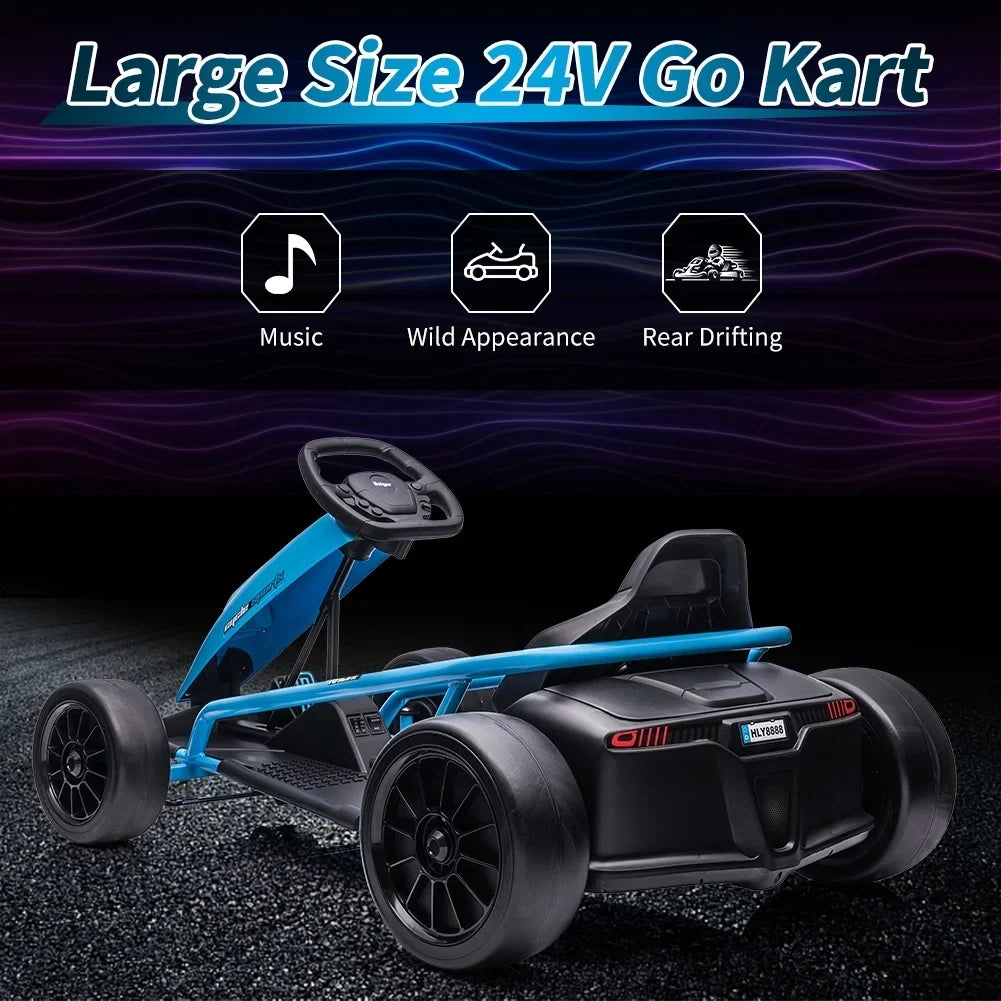 Nouveauté 2026 – Karting Simzone pour enfants, batterie 24 V, 2 moteurs 300 W, à pédales, vitesse maximale de 13 km/h, fonction drift, démarrage progressif, musique, pneus élastiques et résistants, bleu