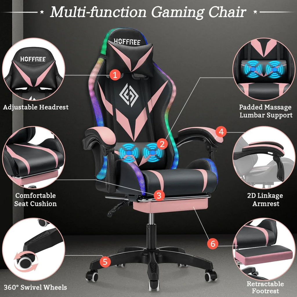 Nouveauté 2026 – Fauteuil de jeu Hoffree avec haut-parleurs intégrés, en cuir PU, repose-pieds et éclairage LED. Fauteuil ergonomique pour gamer avec massage, soutien lombaire et appui-tête pivotant et réglable. Idéal pour le télétravail et le bureau