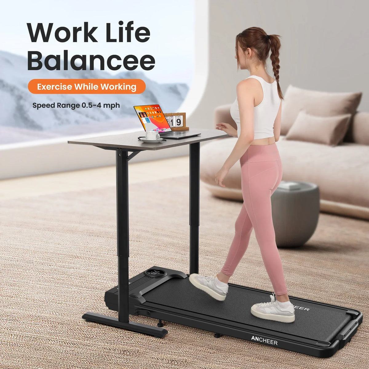 Nouveauté 2026 – Tapis de marche pliable et portable ANCHEER , capacité de 136 kg (300 lb), vitesse de 12 km/h (7,5 mi/h), à placer sous un bureau, avec télécommande et écran LED, 2 en 1, pour la maison, le bureau ou l'exercice (rose