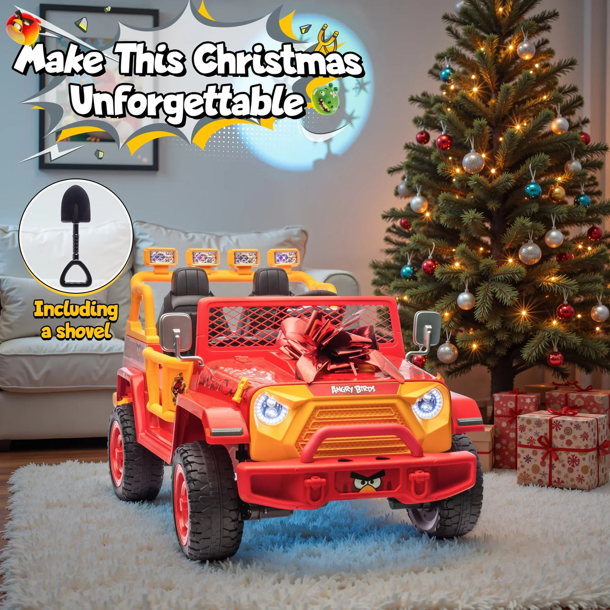 Nouveauté 2026 – Joyracer , véhicule électrique 24 volts pour enfants de 3 à 8 ans, sous licence Angry Birds, avec télécommande, pelle, Bluetooth, phares et roues motorisées. Convient aux enfants jusqu'à 60 kg (130 lbs). Couleur verte
