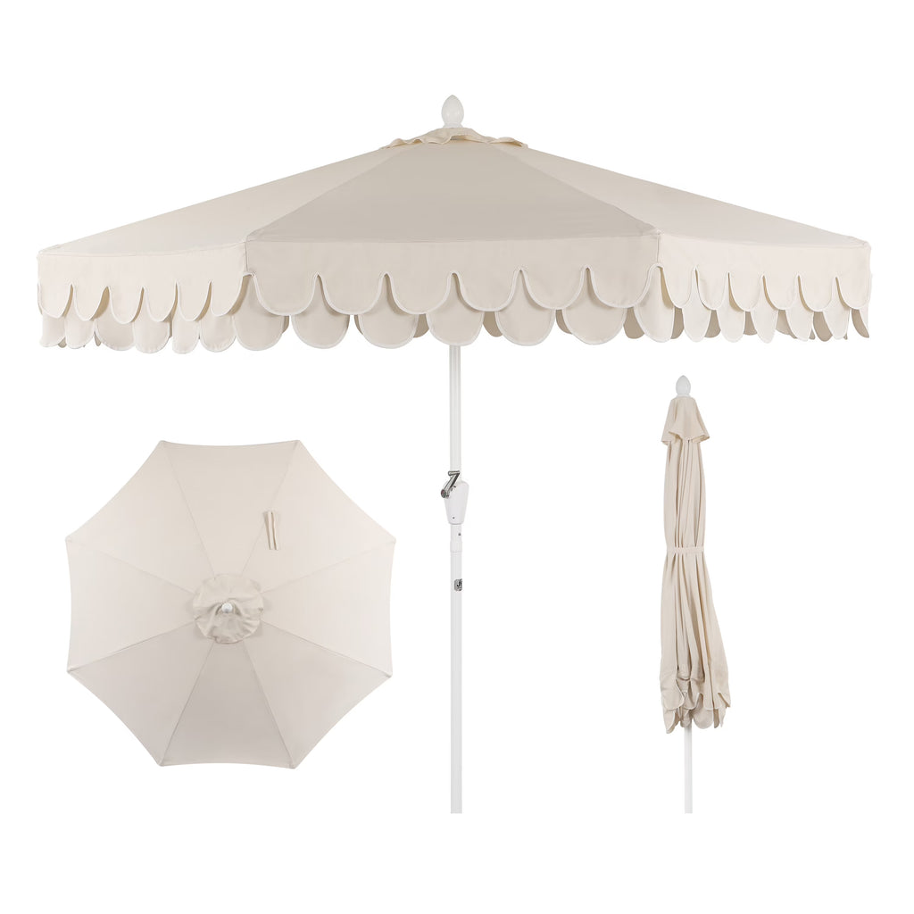 Nouveauté 2026 – Parasol de marché JONATHAN Y Tracy 2,74 m (9 pi), style classique milieu du siècle, franges festonnées, manivelle d'inclinaison automatique, aération et protection UV, rose corail/blanc, mât marron foncé